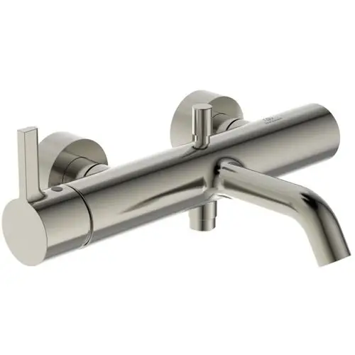 Mischbatterie in Silber mit zwei Hebeln zur Temperatur- und Durchflussregelung. Ideal Standard-Design, geeignet für moderne Badezimmereinrichtungen.
